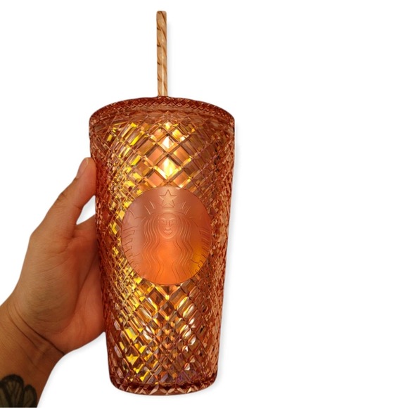 2021 Starbucks Holiday Jeweled Studded Tumbler Cup Grande 16oz Rose Gold NEW! - Picture 2 of 4